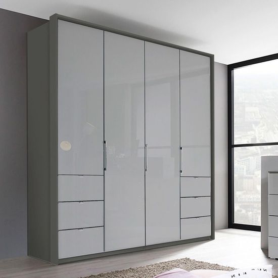 Rauch Erimo 204cm 4 Door Wardrobe with 6 Drawer - Graphite and Silk Grey Glass