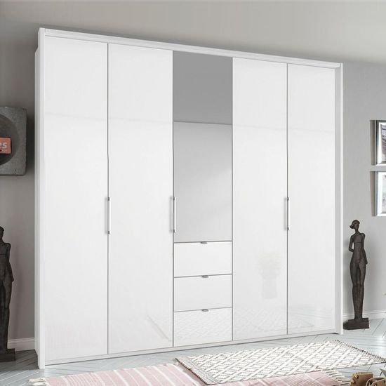 Rauch Erimo 254cm 5 Door Combi Wardrobe with 3 Drawer - Alpine White and Crystal White Glass