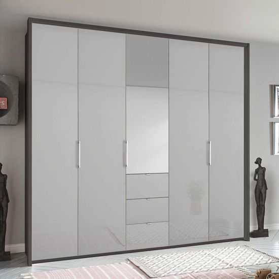 Rauch Erimo 254cm 5 Door Combi Wardrobe with 3 Drawer - Graphite and Silk Grey Glass