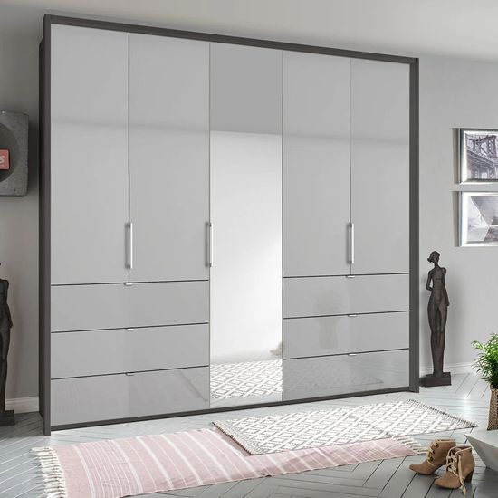 Rauch Erimo 254cm 5 Door Combi Wardrobe with 6 Drawer - Graphite and Silk Grey Glass