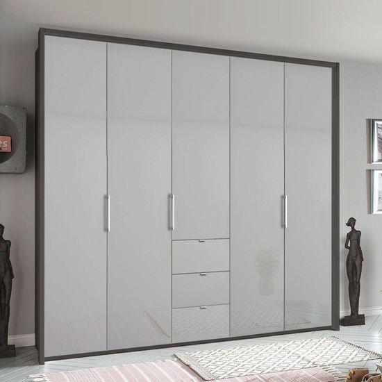 Rauch Erimo 254cm 5 Door Wardrobe with 3 Drawer - Graphite and Silk Grey Glass