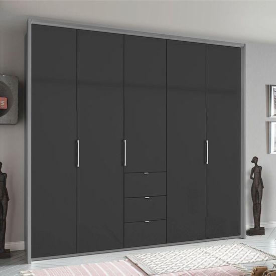 Rauch Erimo 254cm 5 Door Wardrobe with 3 Drawer - Silk Grey and Basalt Glass