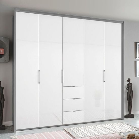 Rauch Erimo 254cm 5 Door Wardrobe with 3 Drawer - Silk Grey and Crystal White Glass