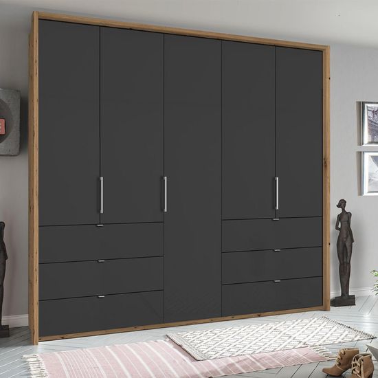 Rauch Erimo 254cm 5 Door Wardrobe with 6 Drawer - Artisan Oak and Basalt Glass