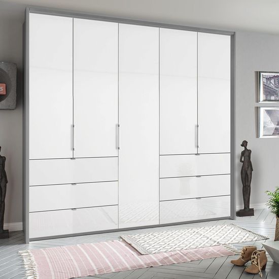 Rauch Erimo 254cm 5 Door Wardrobe with 6 Drawer - Silk Grey and Crystal White Glass