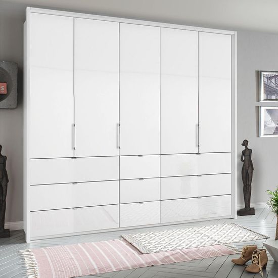 Rauch Erimo 254cm 5 Door Wardrobe with 9 Drawer - Alpine White and Crystal White Glass