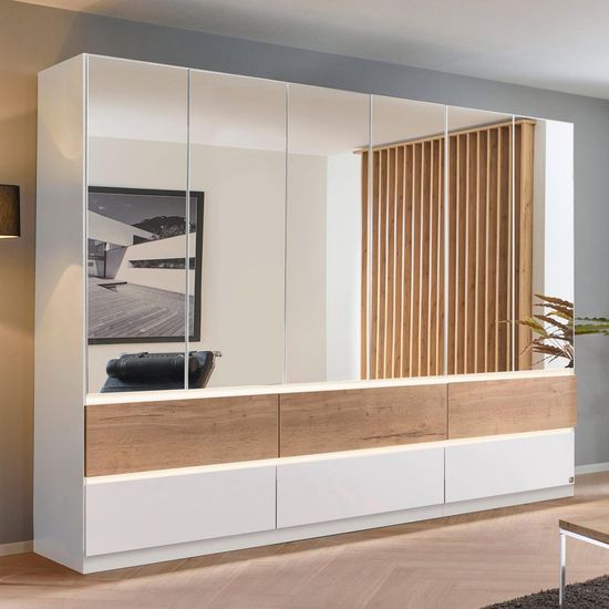 Rauch Winnipeg 271cm 6 Door Wardrobe with Mirror and Lighting - Alpine White and Halifax Oak