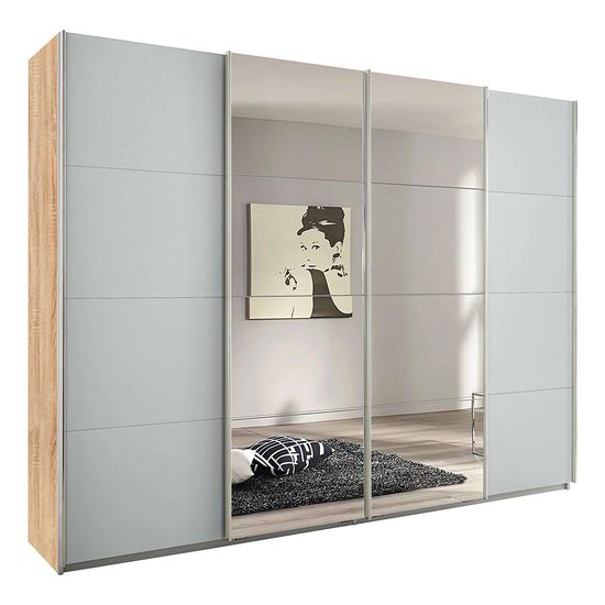 Rauch Syncrono 271cm 4 Door Sliding Wardrobe with Mirror - Sonoma Oak and Silk Grey