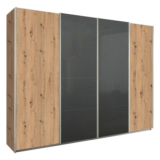 Rauch Syncrono 271cm 4 Door Sliding Wardrobe - Artisan Oak and Basalt Glass