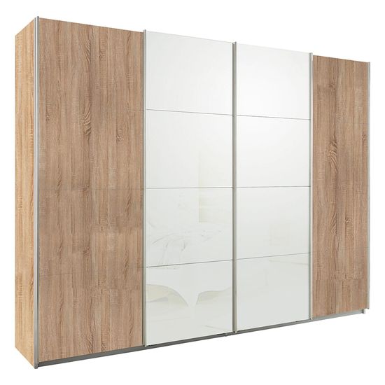 Rauch Syncrono 271cm 4 Door Sliding Wardrobe - Sonoma Oak and White Glass