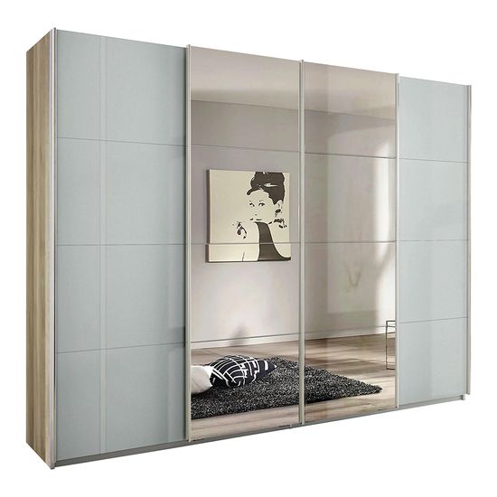 Rauch Syncrono 271cm 4 Door Sliding Wardrobe with Mirror - Sanremo Oak Light and Grey High Gloss