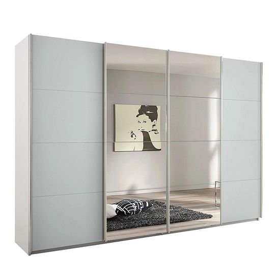 Rauch Syncrono 316cm 4 Door Sliding Wardrobe with Mirror - Alpine White and Silk Grey
