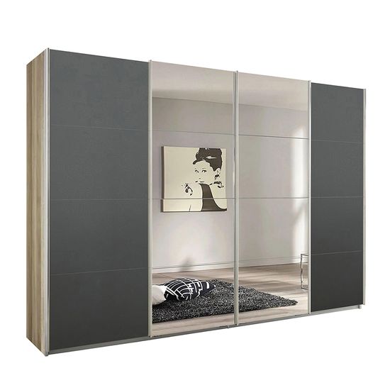 Rauch Syncrono 316cm 4 Door Sliding Wardrobe with Mirror - Sanremo Oak Light and Metallic Dark Grey