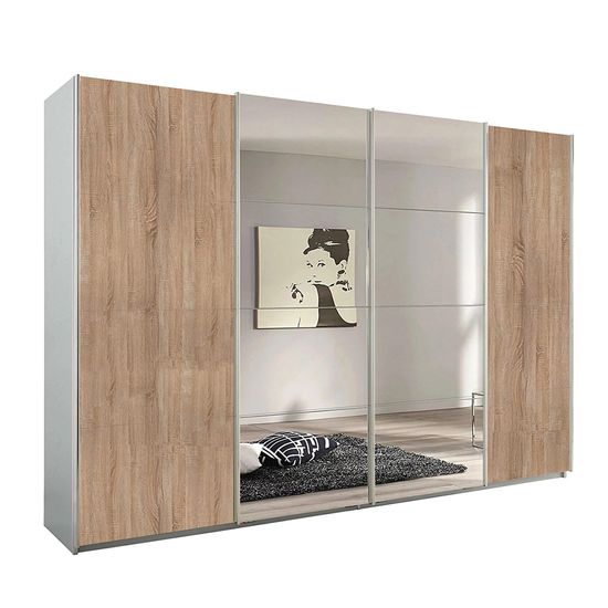 Rauch Syncrono 316cm 4 Door Sliding Wardrobe with Mirror - Silk Grey and Sonoma Oak