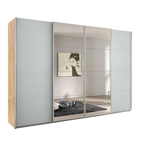 Rauch Syncrono 316cm 4 Door Sliding Wardrobe with Mirror - Sonoma Oak and Silk Grey