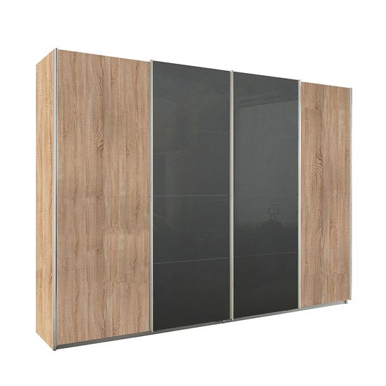 Rauch Syncrono 316cm 4 Door Sliding Wardrobe - Sonoma Oak and Basalt Glass