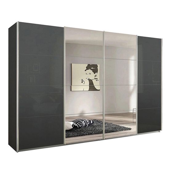 Rauch Syncrono 316cm 4 Door Sliding Wardrobe with Mirror - Metallic Dark Grey and Basalt Glass