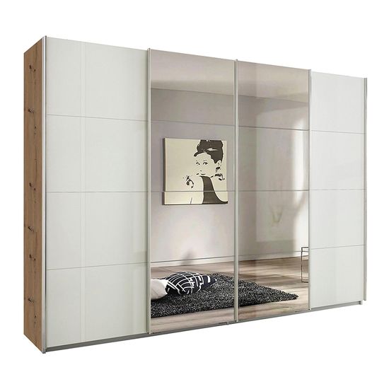 Rauch Syncrono 316cm 4 Door Sliding Wardrobe with Mirror - Artisan Oak and White High Gloss