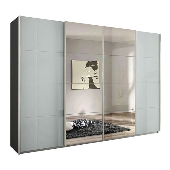 Rauch Syncrono 316cm 4 Door Sliding Wardrobe with Mirror - Metallic Dark Grey and Grey High Gloss