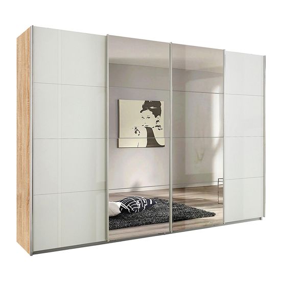 Rauch Syncrono 316cm 4 Door Sliding Wardrobe with Mirror - Sonoma Oak and White High Gloss