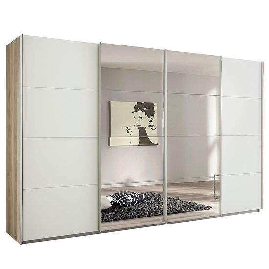 Rauch Syncrono 361cm 4 Door Sliding Wardrobe with Mirror - Sanremo Oak Light and Alpine White