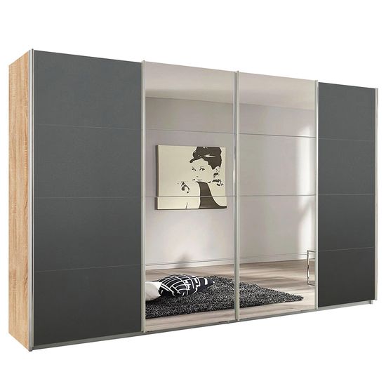 Rauch Syncrono 361cm 4 Door Sliding Wardrobe with Mirror - Sonoma Oak and Metallic Dark Grey