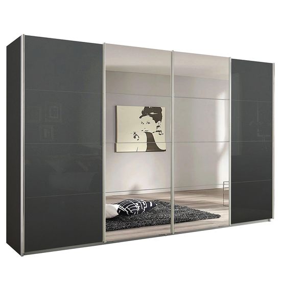 Rauch Syncrono 361cm 4 Door Sliding Wardrobe with Mirror - Metallic Dark Grey and Basalt Glass