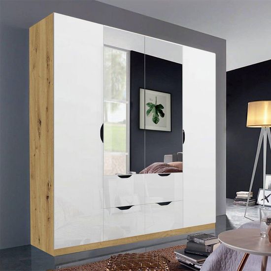 Rauch Arnstein 181cm 4 Door Combi Wardrobe - Artisan Oak and White High Gloss