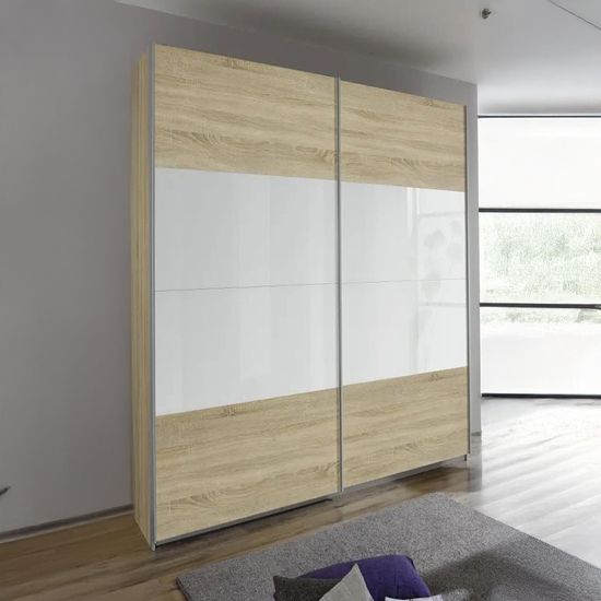 Rauch Quadra 136cm 2 Door Sliding Wardrobe - Sonoma Oak and White Glass