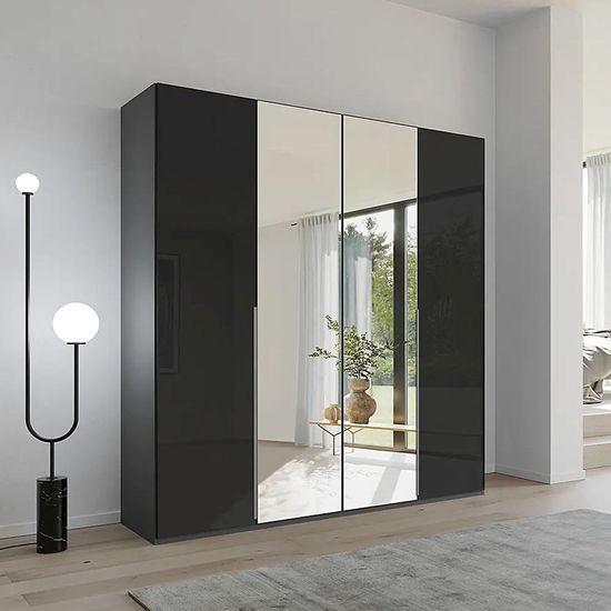 Rauch Purisma 201cm 4 Door Wardrobe with Mirror - Graphite and Basalt Glass