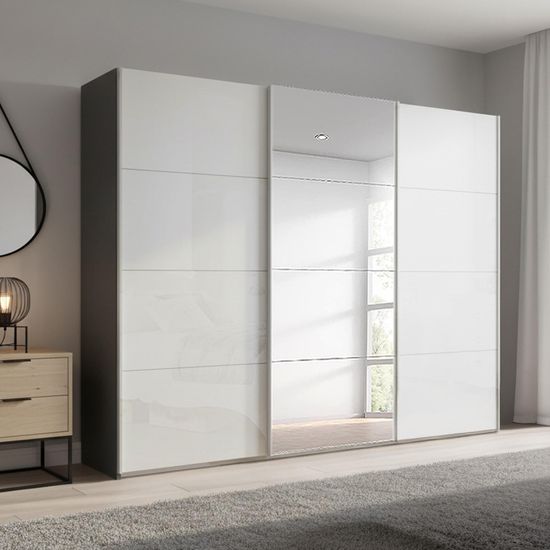 Rauch Beluga Extra 271cm 3 Door Sliding Wardrobe with Mirror - Graphite and White High Gloss