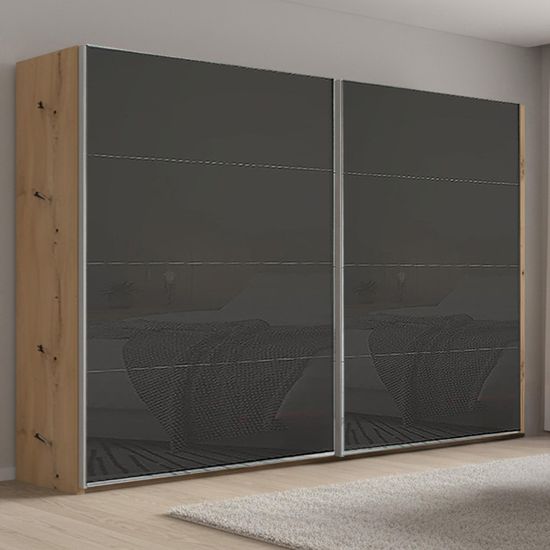 Rauch Beluga Extra 271cm 2 Door Sliding Wardrobe - Artisan Oak and Basalt Glass