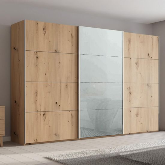 Rauch Beluga Extra 361cm 3 Door Sliding Wardrobe - Artisan Oak and Silk Grey Glass Front