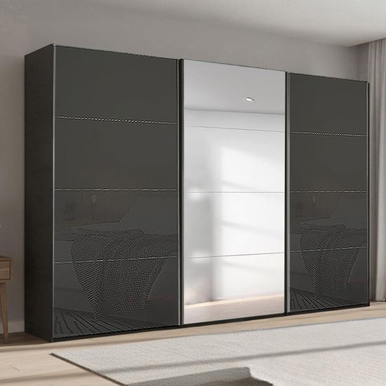 Rauch Beluga Extra 361cm 3 Door Sliding Wardrobe with Mirror - Graphite and Basalt Glass