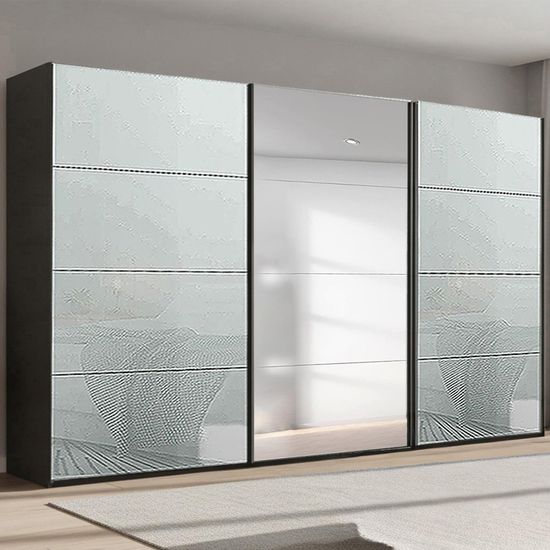 Rauch Beluga Extra 406cm 3 Door Sliding Wardrobe with Mirror - Graphite and Silk Grey Glass