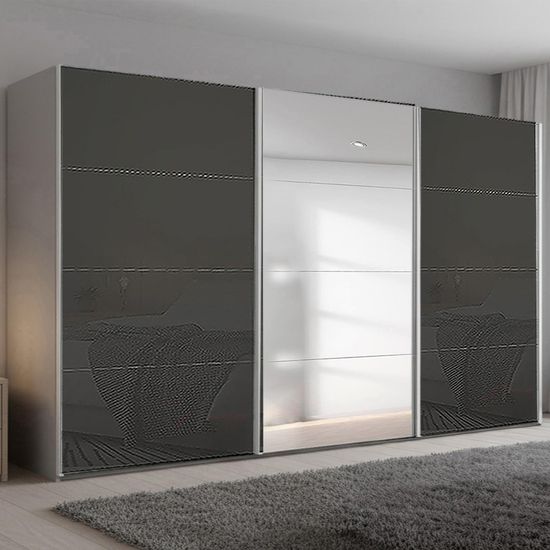 Rauch Beluga Extra 406cm 3 Door Sliding Wardrobe with Mirror - Silk Grey and Basalt Glass