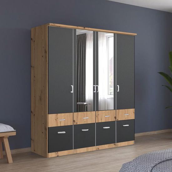 Rauch Celle Super 181cm 4 Door Combi Wardrobe - Artisan Oak and Metallic Dark Grey