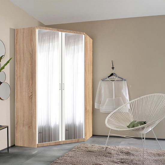 Rauch Celle Matt 117cm 2 Door Corner Wardrobe with Mirror - Sonoma Oak and Alpine White