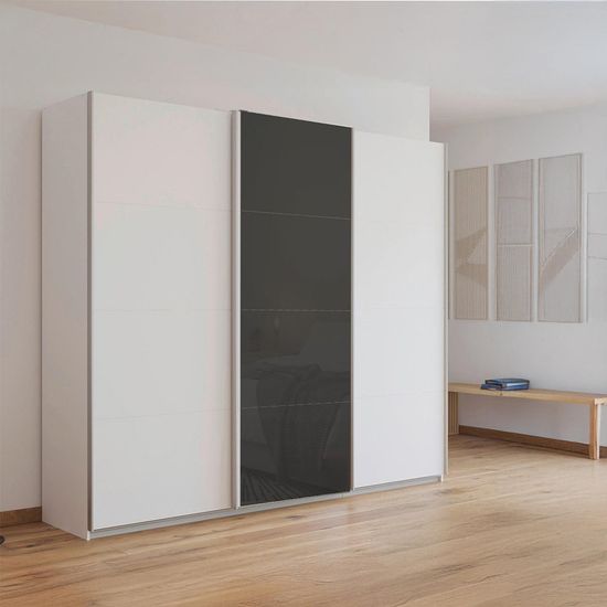 Rauch Kulmbach 203cm 3 Door Sliding Wardrobe - Alpine White and Basalt Glass Front