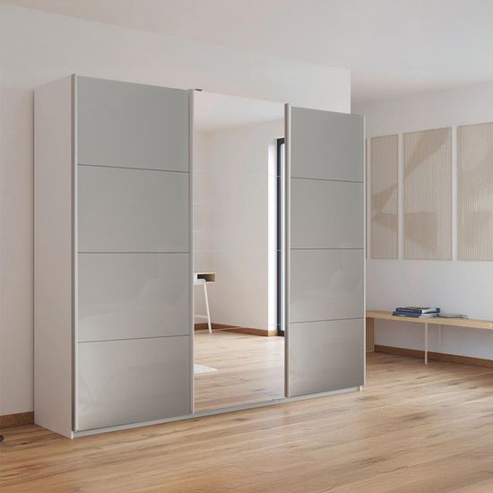 Rauch Kulmbach 203cm 3 Door Sliding Wardrobe with Mirror - Alpine White and Grey High Gloss