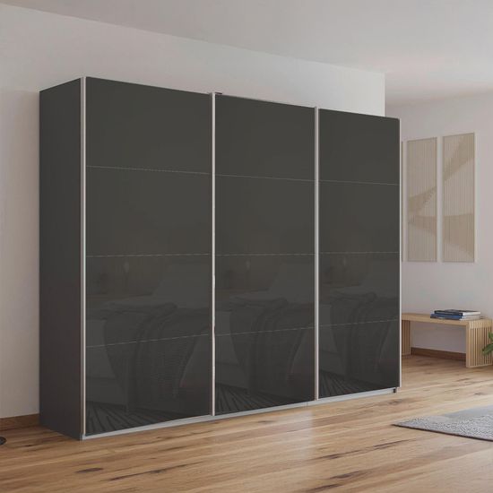 Rauch Kulmbach 271cm 3 Door Sliding Wardrobe - Metallic Dark Grey and Basalt Glass