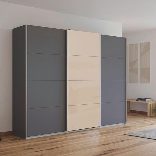 Rauch Kulmbach 271cm 3 Door Sliding Wardrobe - Metallic Dark Grey and Champagne Glass Front