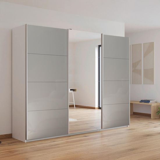 Rauch Kulmbach 271cm 3 Door Sliding Wardrobe with Mirror - Alpine White and Grey High Gloss