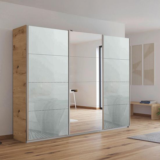 Rauch Kulmbach 271cm 3 Door Sliding Wardrobe with Mirror - Artisan Oak and Silk Grey Glass