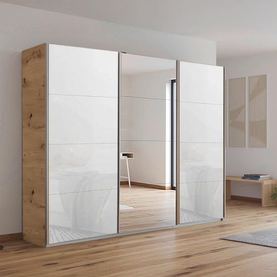 Rauch Kulmbach 271cm 3 Door Sliding Wardrobe with Mirror - Artisan Oak and White Glass