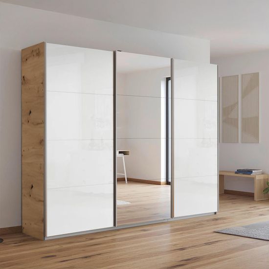 Rauch Kulmbach 271cm 3 Door Sliding Wardrobe with Mirror - Artisan Oak and White High Gloss
