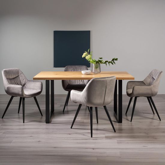 Bentley Designs Ramsay Oak Melamine 6 Seater Dining Table - U Leg with 4 Dali Grey Velvet Chairs