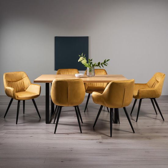 Bentley Designs Ramsay Oak Melamine 6 Seater Dining Table - U Leg with 6 Dali Mustard Velvet Chairs