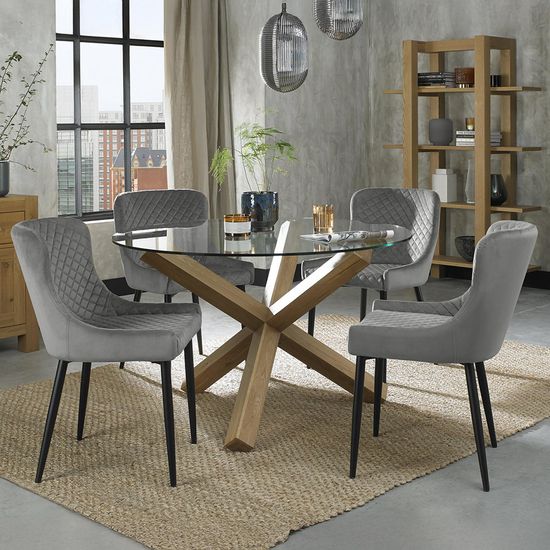 Bentley Designs Turin Glass 4 Seater Dining Table Light Oak Legs with 4 Cezanne Grey Velvet Chairs - Black Legs