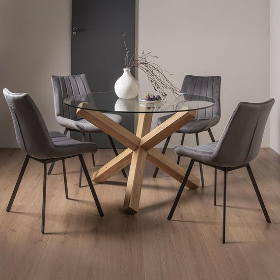 Bentley Designs Turin Glass 4 Seater Dining Table Light Oak Legs with 4 Fontana Grey Velvet Chairs